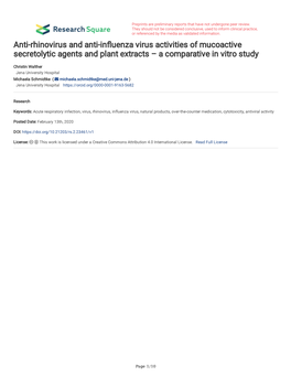 Anti-Rhinovirus and Anti-Influenza Virus Activities Of