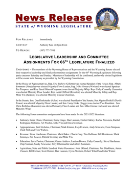 Legislative Leadership and Committee Assignments for 66Th Legislature Finalized