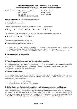 Minutes of the Little Hoole Parish Council Meeting Held on Monday 09/11/2020, by Zoom Video Conference