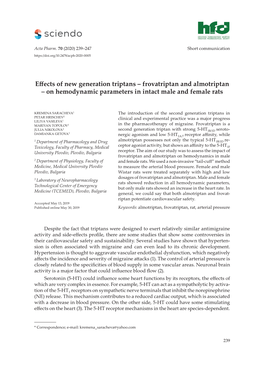 Effects of New Generation Triptans – Frovatriptan and Almotriptan – on Hemodynamic Parameters in Intact Male and Female Rats