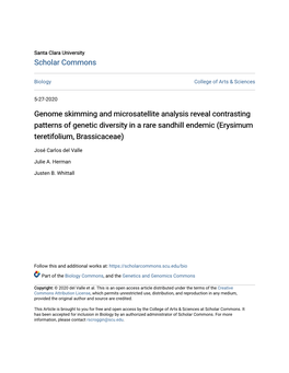 Genome Skimming and Microsatellite Analysis Reveal Contrasting Patterns of Genetic Diversity in a Rare Sandhill Endemic (Erysimum Teretifolium, Brassicaceae)