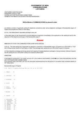 Answered On:24.07.2000 Waiting List for Telephone Connections Haribhai Parthibhai Chaudhary;Pon Radhakrishnan