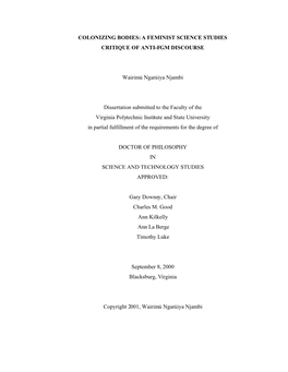 A FEMINIST SCIENCE STUDIES CRITIQUE of ANTI-FGM DISCOURSE Wairimé Ngaréiya Njambi Dissertation Submitted To