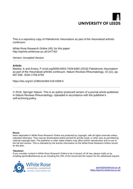 Palindromic Rheumatism As Part of the Rheumatoid Arthritis Continuum