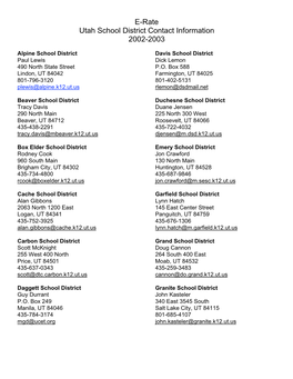 E-Rate Utah School District Contact Information 2002-2003