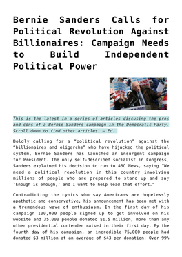 Bernie Sanders Calls for Political Revolution Against Billionaires: Campaign Needs to Build Independent Political Power