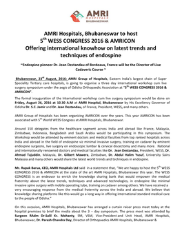 AMRI Hospitals, Bhubaneswar to Host 5 WESS CONGRESS 2016