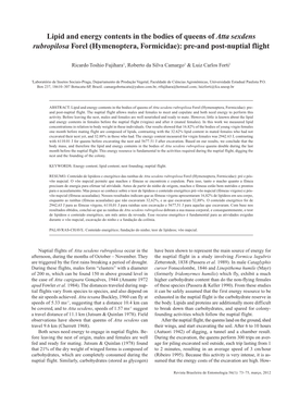 Lipid and Energy Contents in the Bodies of Queens of Atta Sexdens Rubropilosa Forel (Hymenoptera, Formicidae): Pre-And Post-Nuptial Flight