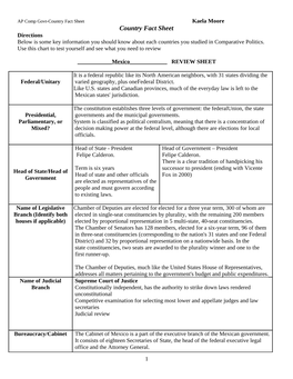 Country Fact Sheet Kaela Moore Country Fact Sheet Directions Below Is Some Key Information You Should Know About Each Countries You Studied in Comparative Politics