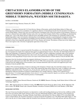 Cretaceous Elasmobra Chs of the Gree Hor Formatio (Middle Ce Oma Ia - Middle Turo Ia ), Wester South Dakota