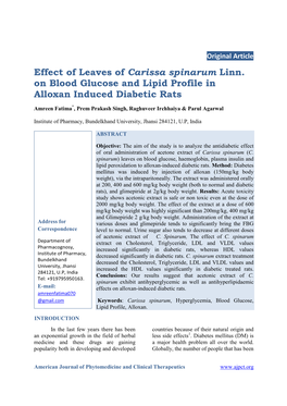 Effect of Leaves of Carissa Spinarum Linn. on Blood Glucose and Lipid Profile in Alloxan Induced Diabetic Rats