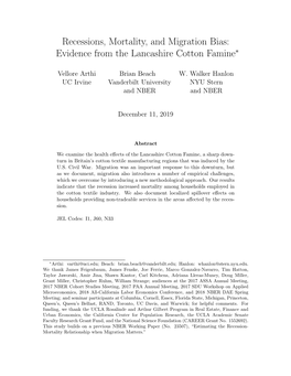 Recessions, Mortality, and Migration Bias: Evidence from the Lancashire Cotton Famine∗