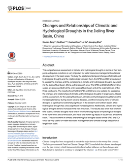 Changes and Relationships of Climatic and Hydrological Droughts in the Jialing River Basin, China