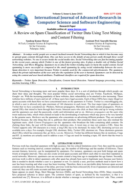 A Review on Spam Classification of Twitter Data Using Text Mining and Content Filtering Sandeep Kumar Rawat Assistant Prof