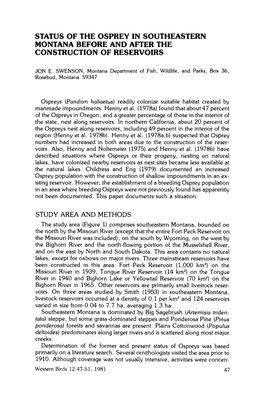 Status of the Osprey in Southeastern Montana Before and After the Construction of Reservoirs