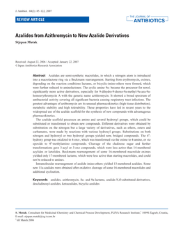 Azalides from Azithromycin to New Azalide Derivatives Stjepan Mutak