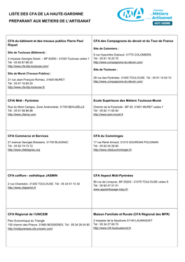 LISTE DES CFA De Haute-Garonne