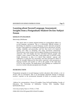 Learning About Second Language Assessment: Insights from a Postgraduate Student On-Line Subject Forum