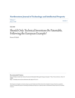 Should Only Technical Inventions Be Patentable, Following the European Example? Reinier B