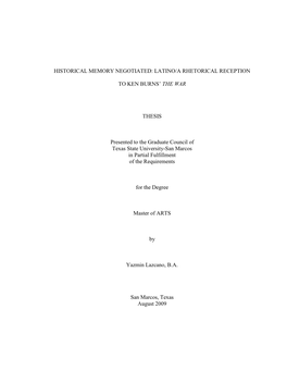 Latino/A Rhetorical Reception to Ken Burns‟ the War
