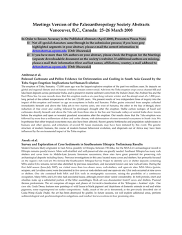 Meetings Version of the Paleoanthropology Society Abstracts Vancouver, B.C., Canada: 25–26 March 2008