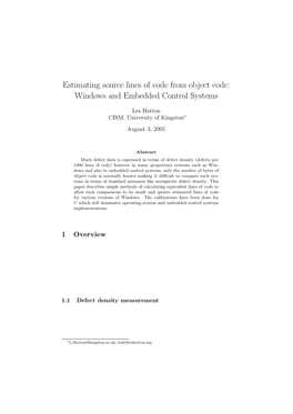 Estimating Source Lines of Code from Object Code: Windows and Embedded Control Systems