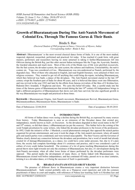 Growth of Bharatanatyam During the Anti-Nautch Movement of Colonial Era, Through the Famous Gurus & Their Banis