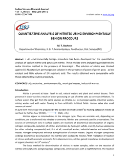 Quantitative Analysis of Nitrites Using Environmentally Benign Procdure