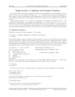 Maple Lecture 4. Algebraic and Complex Numbers