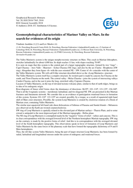 Geomorphological Characteristics of Mariner Valley on Mars. in the Search for Evidences of Its Origin