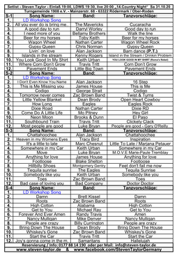 S-1 Song Name: Band: Tanzvorschläge: 1. LD Workshop Song 2. All You Ever Do Is Bring Me.. the Mavericks Cucaracha 3. a Good Day to Run Darryl Worley Good Day to Run 4