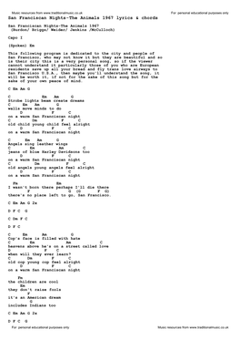 San Franciscan Nights-The Animals 1967 Lyrics & Chords