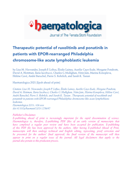 Therapeutic Potential of Ruxolitinib and Ponatinib in Patients with EPOR-Rearranged Philadelphia Chromosome-Like Acute Lymphoblastic Leukemia by Lisa M