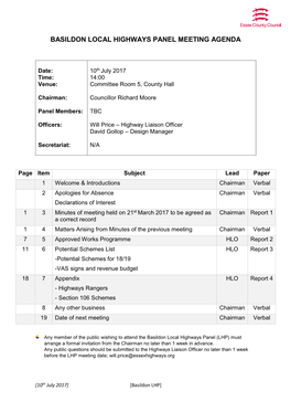 Basildon Local Highways Panel Meeting Agenda