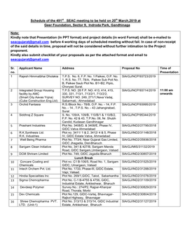 Schedule of the 491St SEAC Meeting to Be Held on 20 Th March,2019 at Geer Foundation, Sector 9, Indroda Park, Gandhinaga