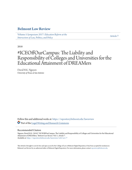 Iceoffourcampus: the Liability and Responsibility of Colleges and Universities for the Educational Attainment of Dreamers David H.K