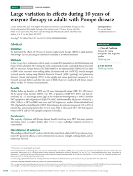 Large Variation in Effects During 10 Years of Enzyme Therapy in Adults with Pompe Disease Laurike Harlaar, Jean-Yves Hogrel, Barbara Perniconi, Et Al