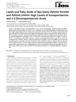 Lipids and Fatty Acids of Sea Hares Aplysia Kurodai and Aplysia Juliana