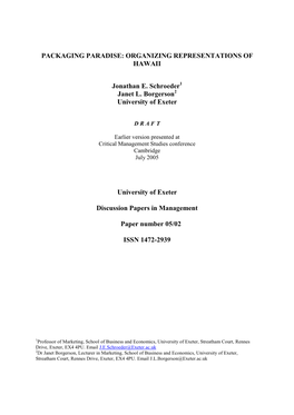 ORGANIZING REPRESENTATIONS of HAWAII Jonathan E. Schroeder