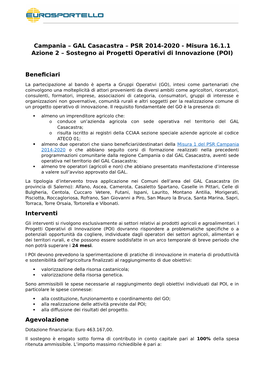 Campania – GAL Casacastra – PSR 2014-2020 - Misura 16.1.1 Azione 2 – Sostegno Ai Progetti Operativi Di Innovazione (POI)