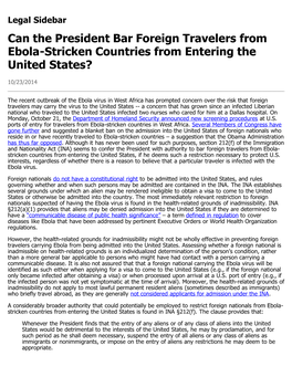 Can the President Bar Foreign Travelers from Ebola-Stricken Countries from Entering the United States?