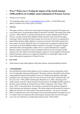 (3500 Cal BCE) on Neolithic Costal Settlements in Western Norway