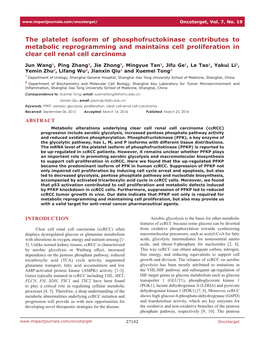 The Platelet Isoform of Phosphofructokinase Contributes to Metabolic Reprogramming and Maintains Cell Proliferation in Clear Cell Renal Cell Carcinoma