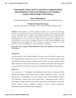 Unsystematic Urban Land Use and Water Logging Problems Along Maniktala Cannel and Adjoining Areas of Kolkata - Analysis with the Help of GIS Evidence