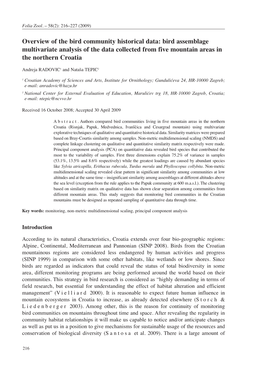 Bird Assemblage Multivariate Analysis of the Data Collected from Five Mountain Areas in the Northern Croatia