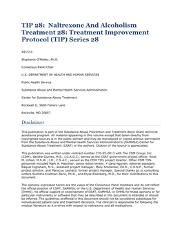 TIP 28: Naltrexone and Alcoholism Treatment 28: Treatment Improvement Protocol (TIP) Series 28