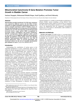 Mitochondrial Cytochrome B Gene Mutation Promotes Tumor Growth in Bladder Cancer