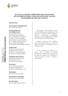 Acta De La Sesión Ordinaria Del Pleno Del Ayuntamiento Del Valle De Egüés De Uno De Diciembre De Dos Mil Veinte