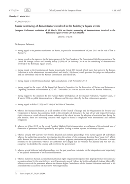 European Parliament Resolution of 13 March 2014 on Russia: Sentencing of Demonstrators Involved in the Bolotnaya Square Events (2014/2628(RSP)) (2017/C 378/29)