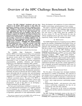 Overview of the HPC Challenge Benchmark Suite